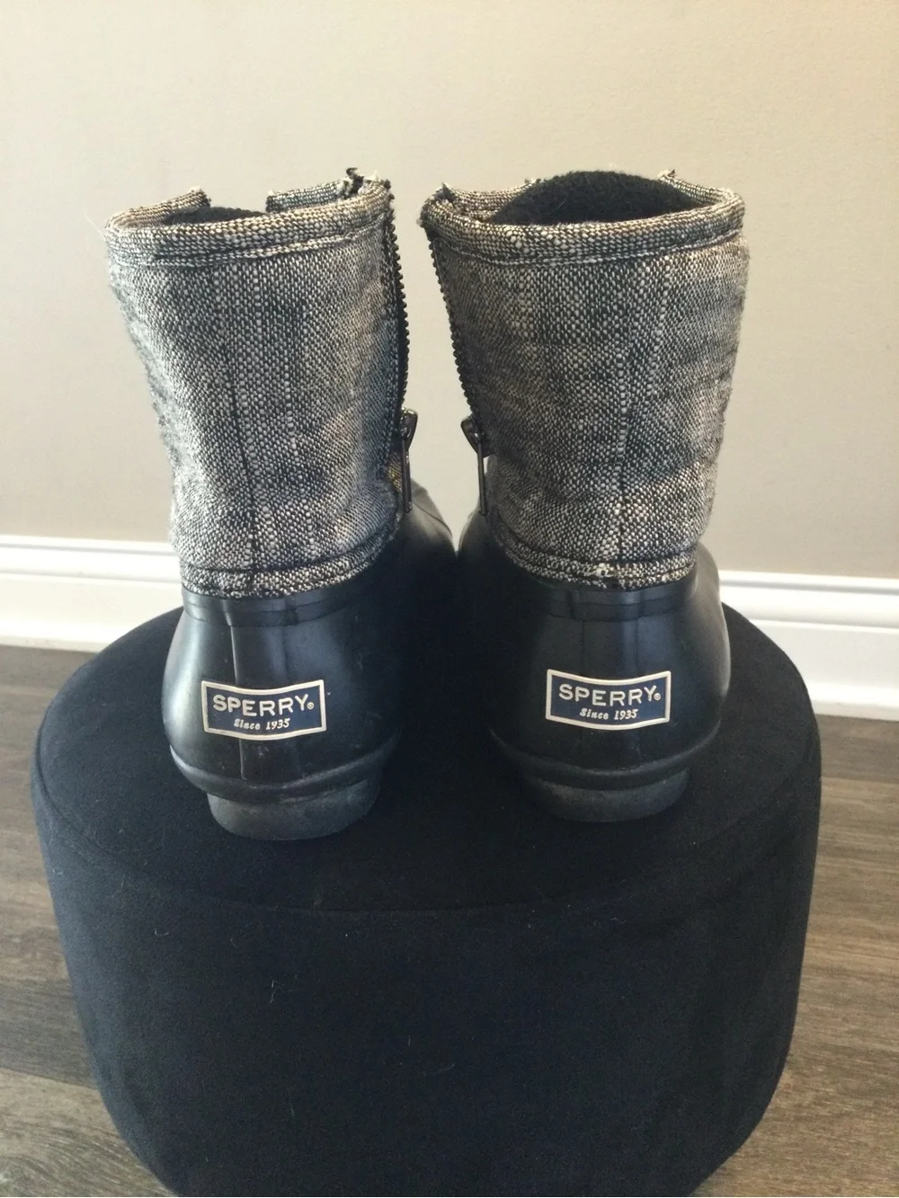Sperry Black Rubber Duck Boots with Gray Fabric Shaft